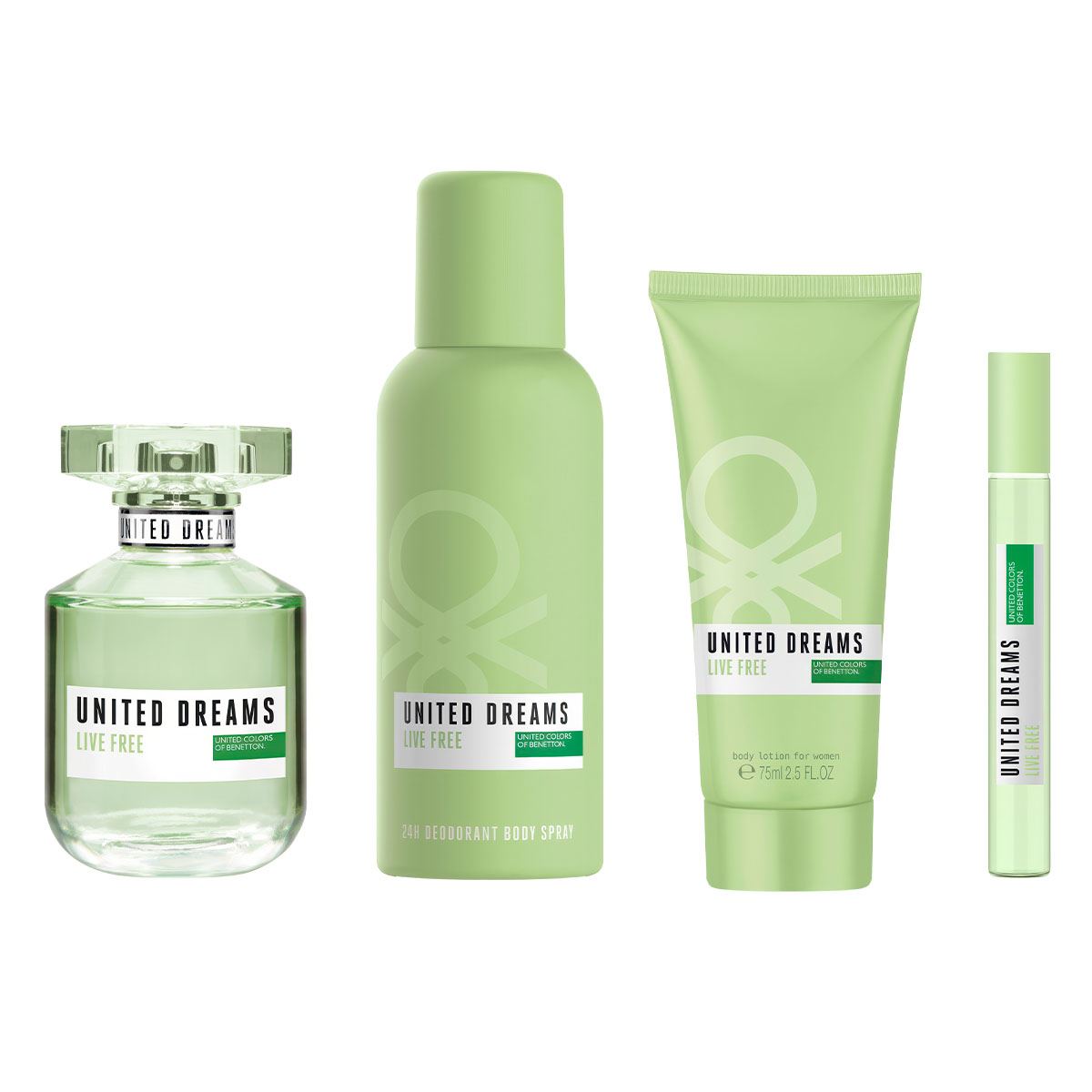 SET LIVE FREE EDT 80ML+CREMA CORPORAL 75ML+DESODORANTE 150ML+PERFUMERO 10ML BENETTON PERFUME PARA DAMA