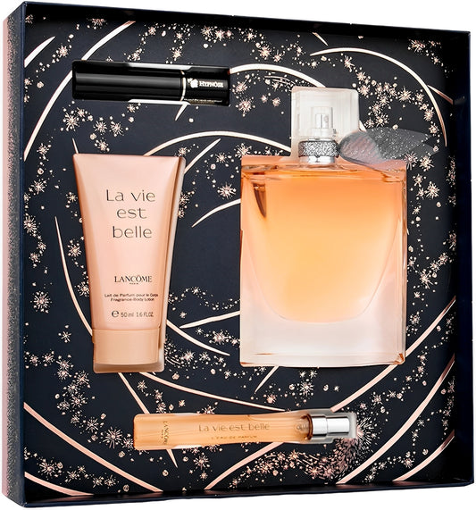 SET LA VIE EST BELLE EDP 100ML+CREMA CORPORAL 50ML+MASCARA PARA PESTAÑAS HYPNOSE 2ML+PERFUMERO 10ML LANCOME PARA DAMA