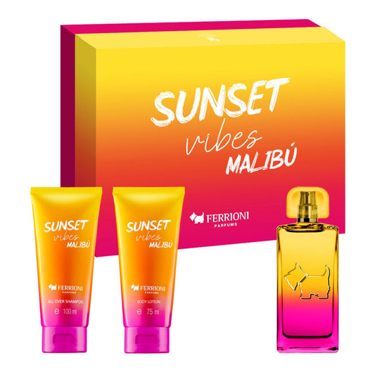 SET SUNSET VIBES MALIBU EDT 100ML + SHAMPOO 75ML + CREMA COPORAL 75ML FERRIONI PERFUME PARA DAMA