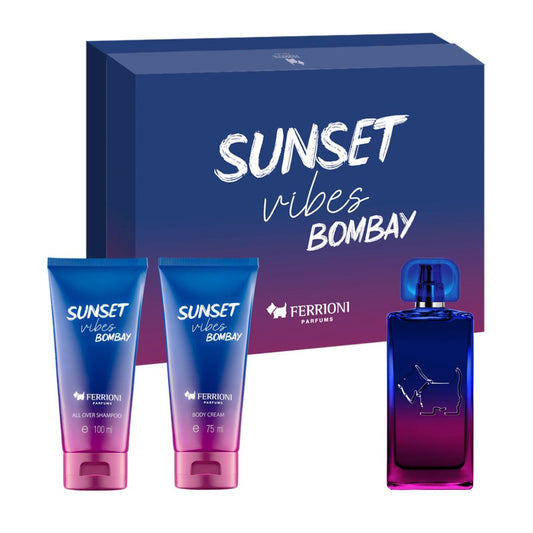 SET SUNSET VIBES BOMBAY EDT 100ML + SHAMPOO 75ML + CREMA COPORAL 75ML FERRIONI PERFUME PARA CABALLERO