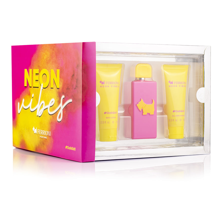 SET FERRIONI NEON OHH GIRL VIBES EDT 100ML + BODY LOTION + SHAMPOO FERRIONI PERFUME PARA DAMA