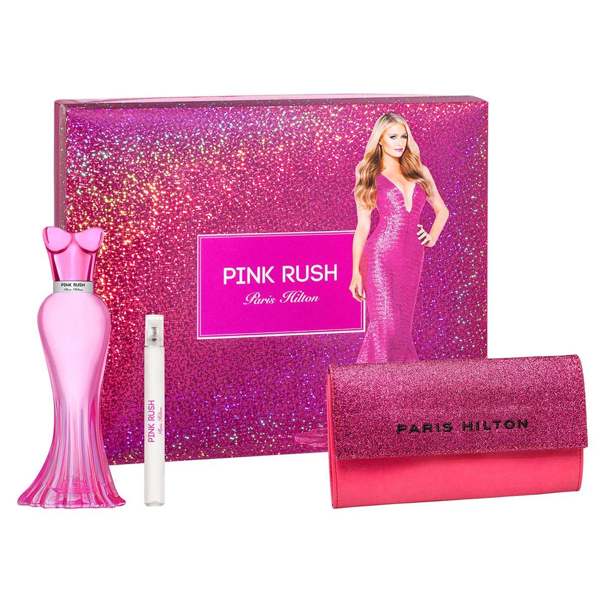 SET HILTON PINK RUSH EDP 100ML + PERFUMERO EDP 10ML + CARTERA PARIS HILTON PERFUME PARA DAMA