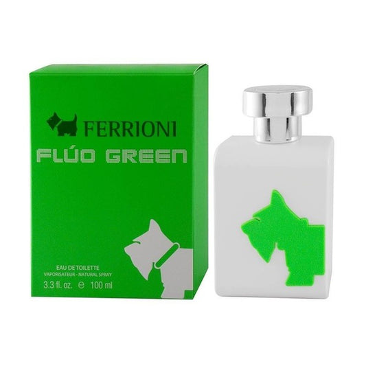 SET FLUO GREEN EDT 100ML + 2PIEZAS + 3 AMPOLLETAS FERRIONI PERFUME PARA CABALLERO