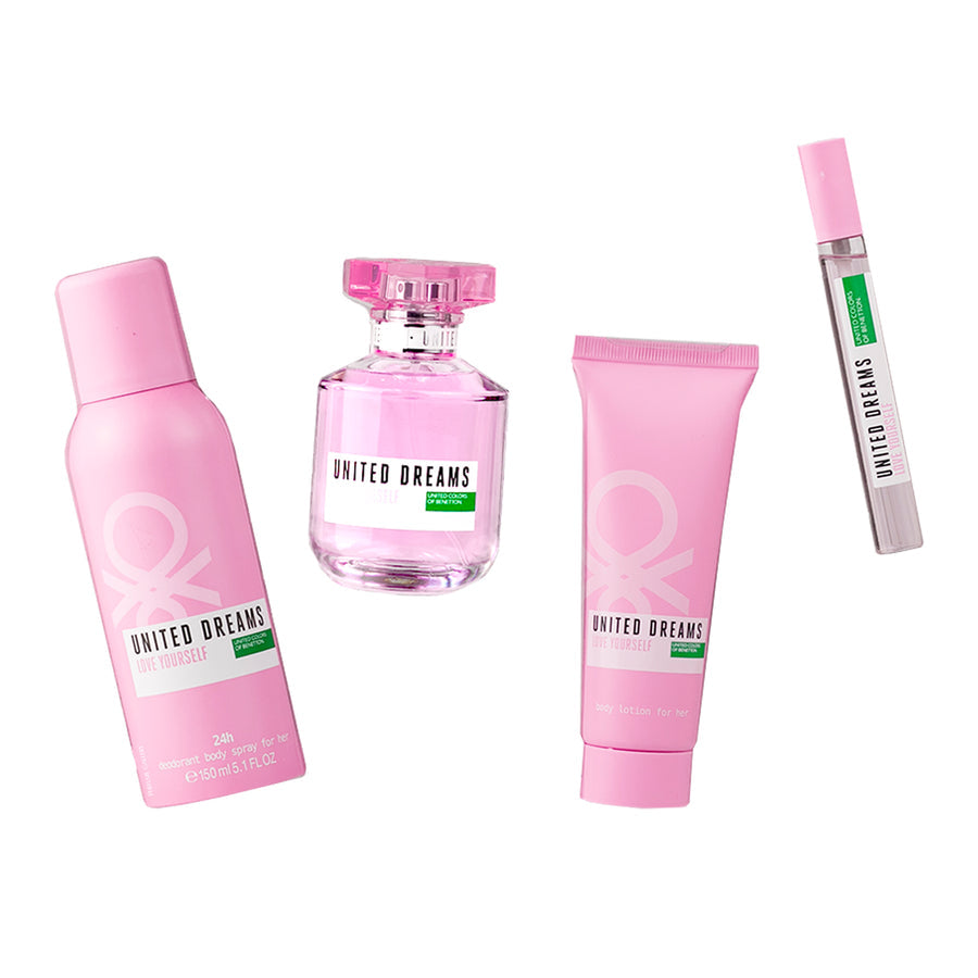 SET LOVE YOURSELF EDT 80ML + DESODORANTE 150ML + BODYLOTION 75ML + PERFUMERO BENETTON PERFUME PARA DAMA