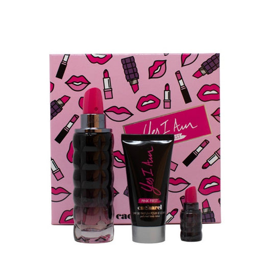 SET YES I AM PINK FIRST 75ML EDP + PERFUMERO 5ML CACHAREL PERFUME PARA DAMA