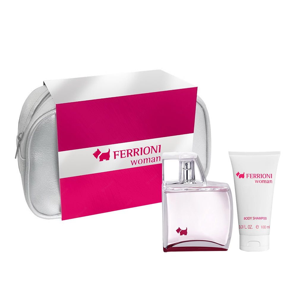 SET WOMAN EDP 100ML + BODY SHAMPOO 100ML + COSMETIQUERA FERRIONI PERFUME PARA DAMA